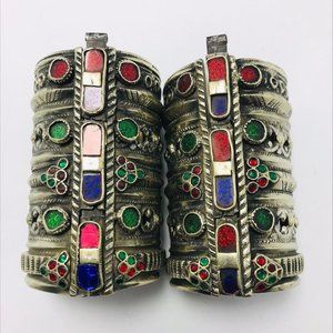 Single Vintage Afghan Cuff Bracelet: Tribal Boho Jewelry with Multicolor Glass
